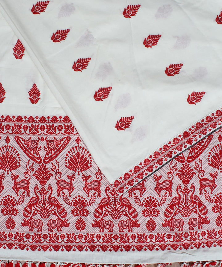 White red cotton handwoven kaziranga inspired motifs assam saree