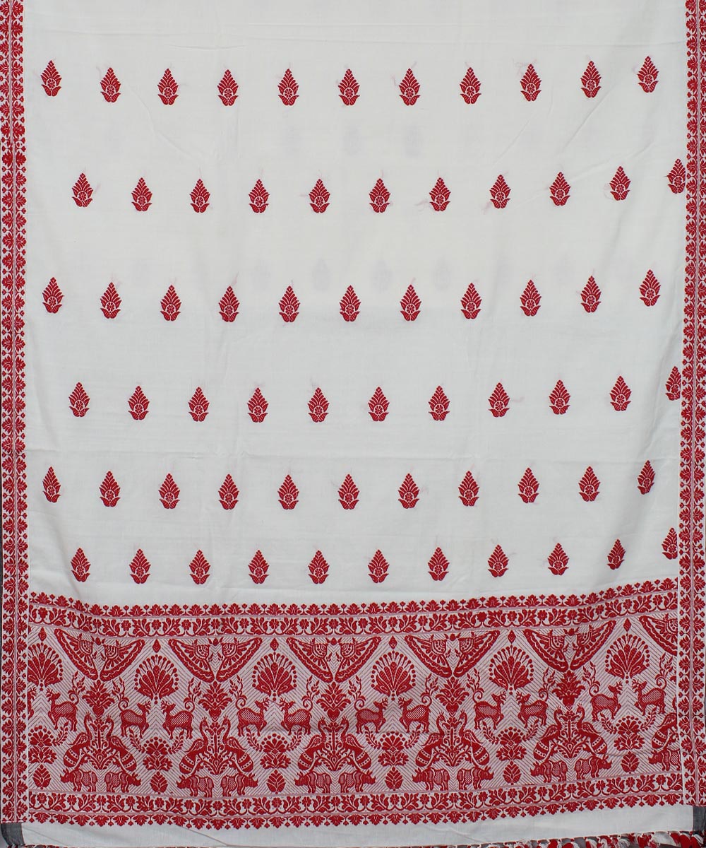 White red cotton handwoven kaziranga inspired motifs assam saree