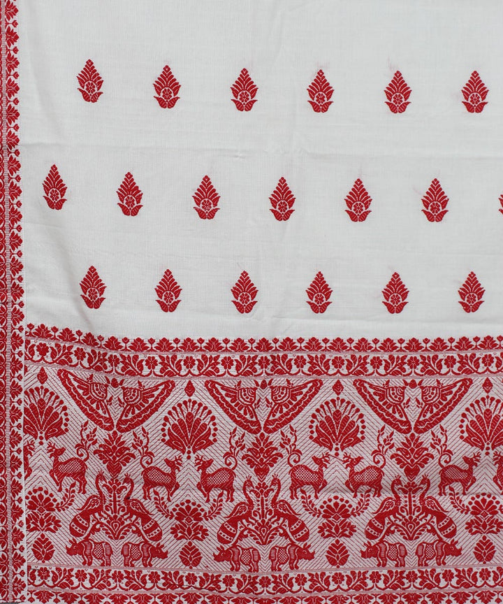 White red cotton handwoven kaziranga inspired motifs assam saree