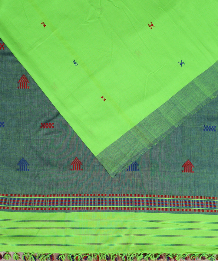 Green and blue cotton handwoven assam saree