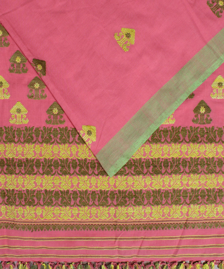 Peach cotton with eri silk motif handwoven assam saree