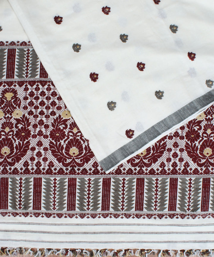 Ivory and maroon Cotton and eri silk handwoven assam saree