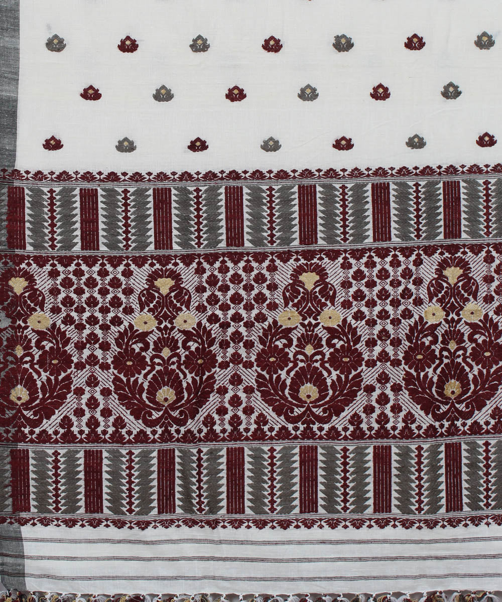 Ivory and maroon Cotton and eri silk handwoven assam saree