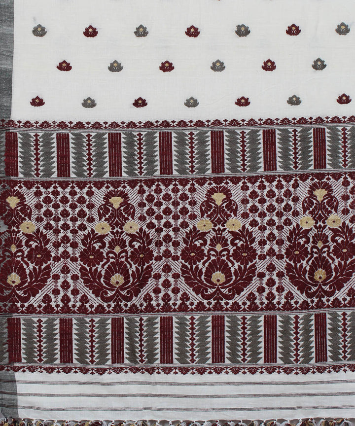 Ivory and maroon Cotton and eri silk handwoven assam saree