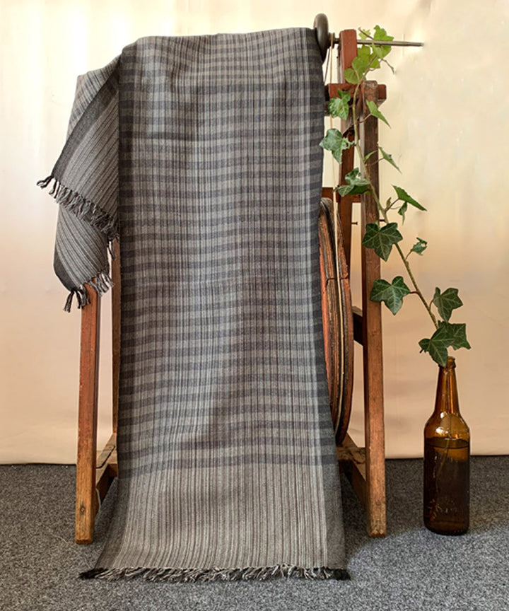 Grey black striped handwoven wool scarf