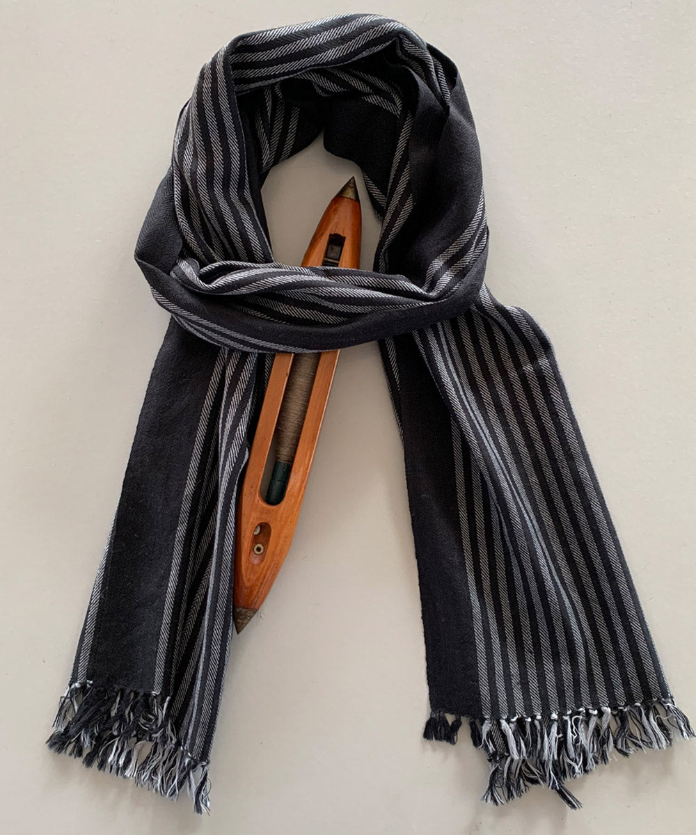 Grey black stripes handloom wool scarf