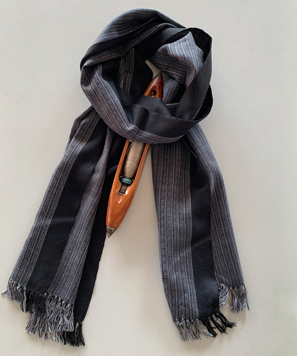 Grey black handwoven striped wool scarf