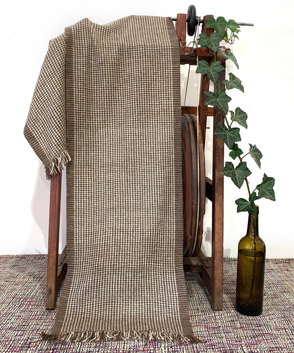 White and brown handwoven wool scarf