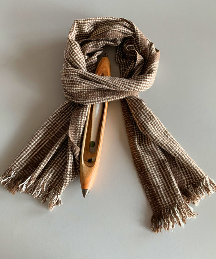 White and brown handwoven wool scarf