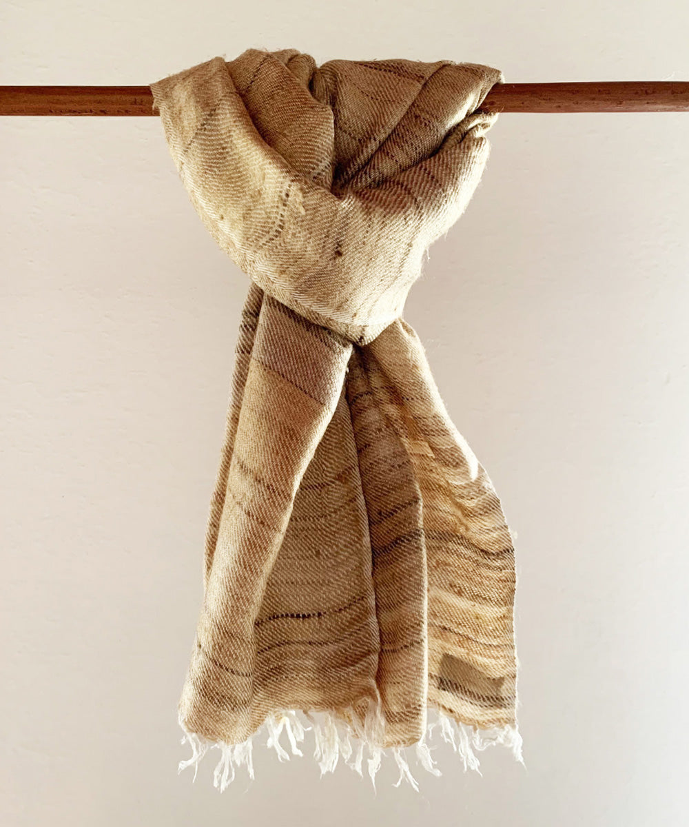 Beige and natural deep gold handwoven bamboo and silk scarf