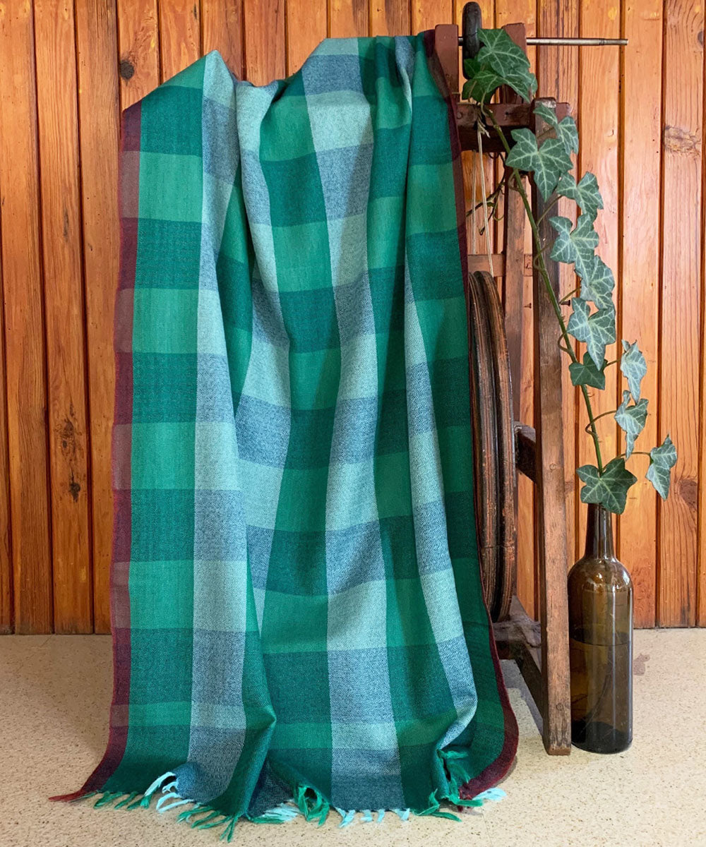Green and turquoise handloom merino wool stole