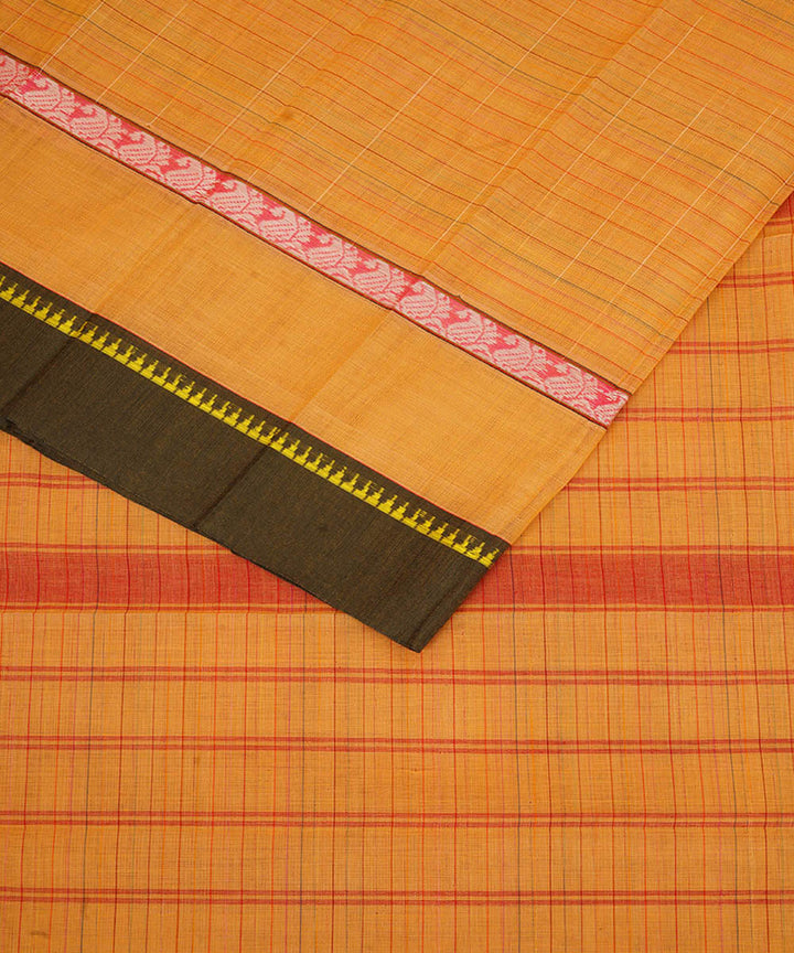 Yellow orange and dark green cotton handwoven narayanapet saree