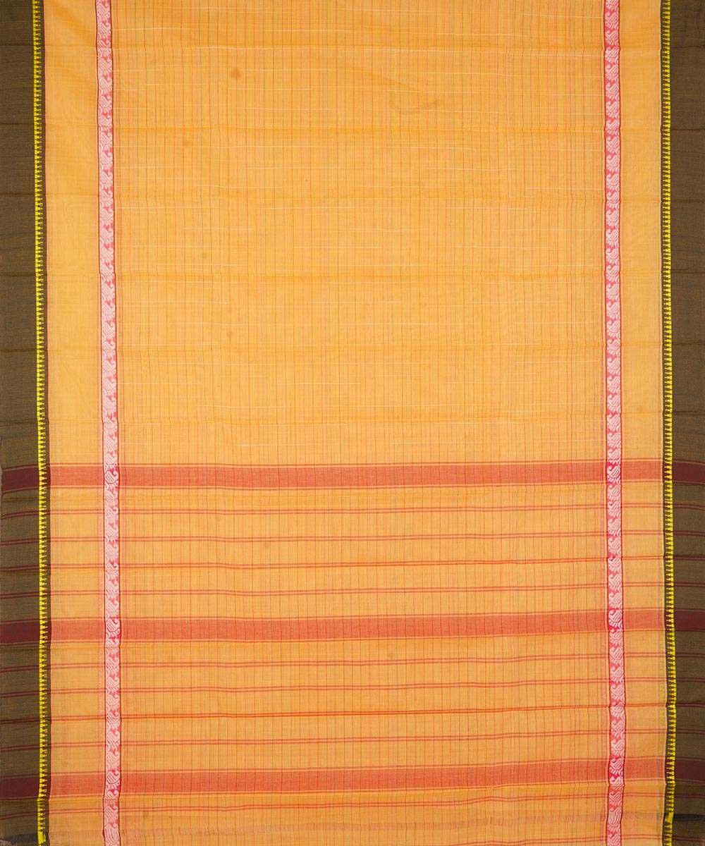 Yellow orange and dark green cotton handwoven narayanapet saree
