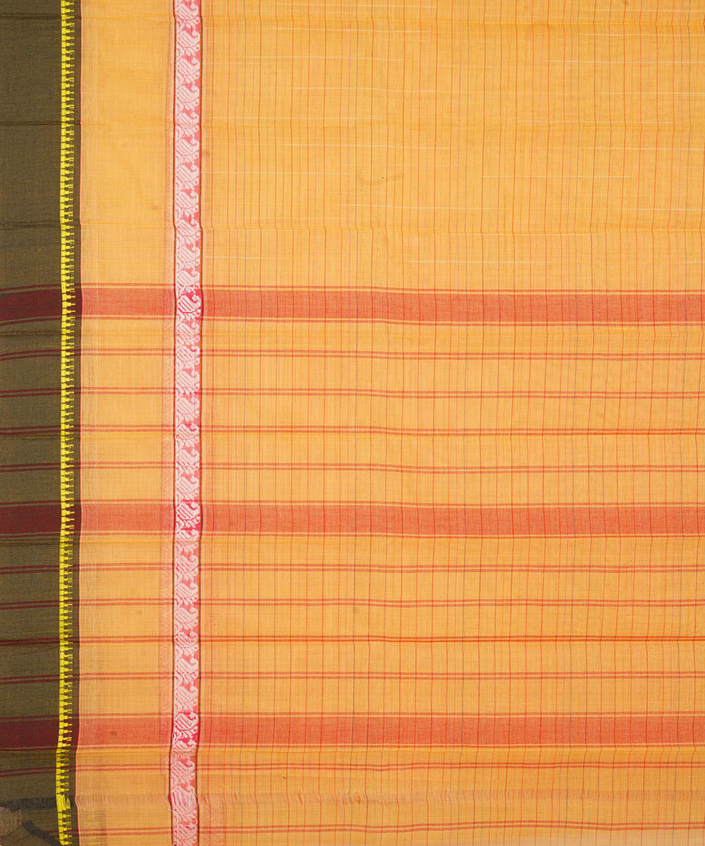 Yellow orange and dark green cotton handwoven narayanapet saree
