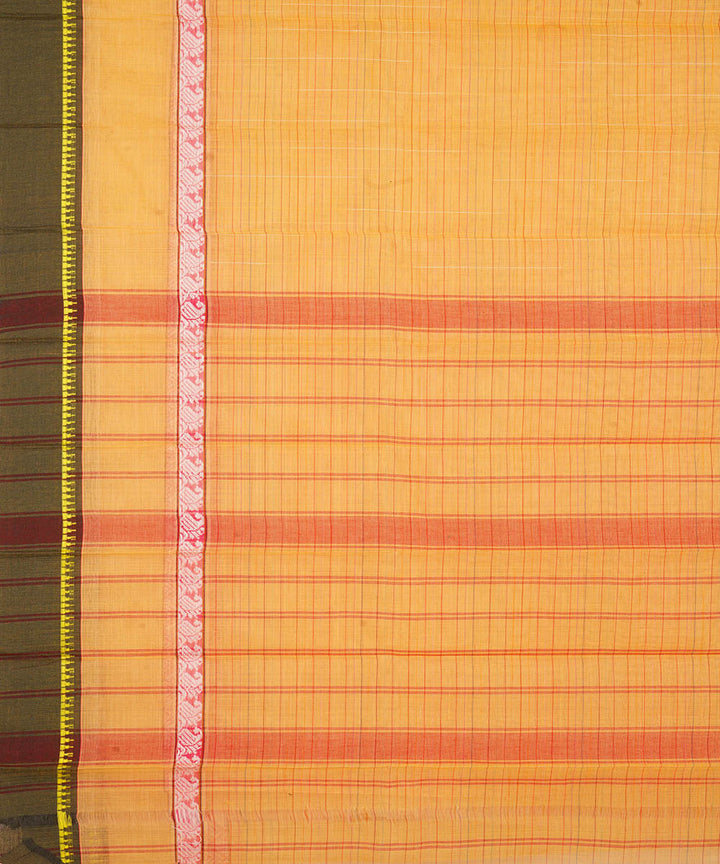 Yellow orange and dark green cotton handwoven narayanapet saree