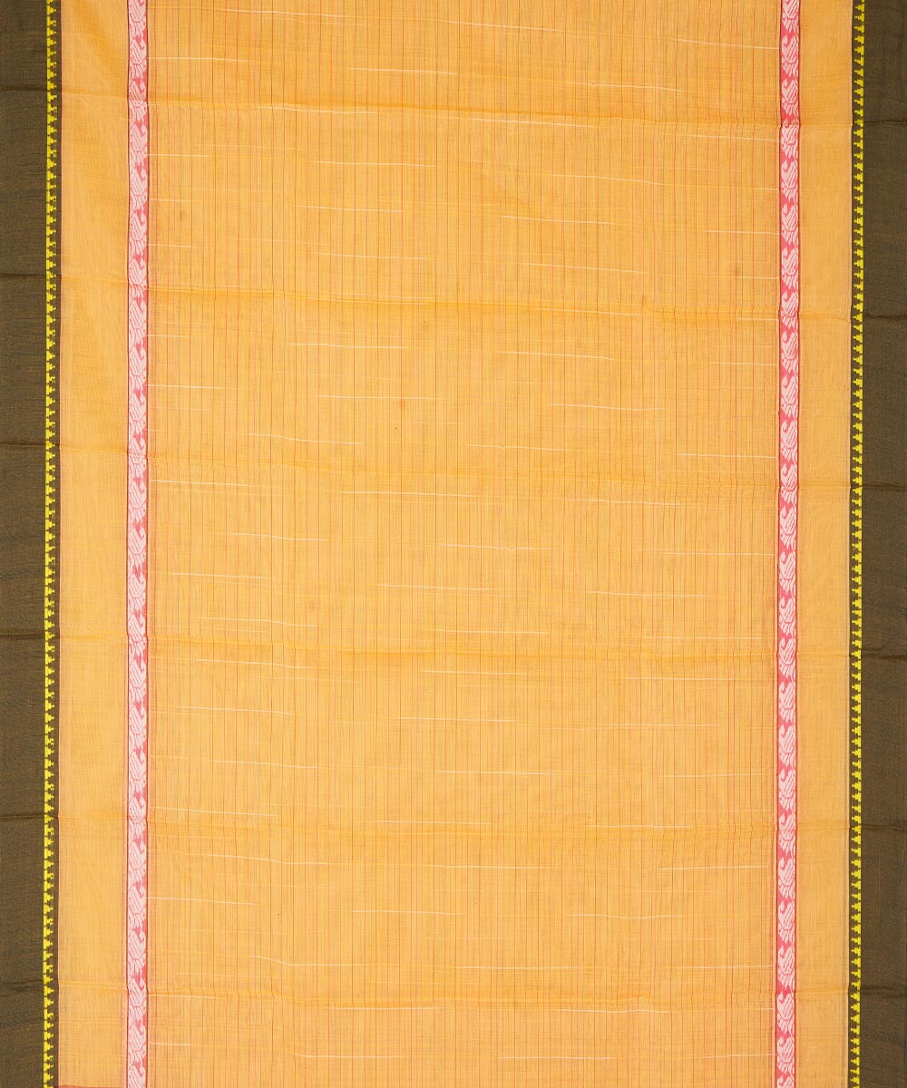 Yellow orange and dark green cotton handwoven narayanapet saree