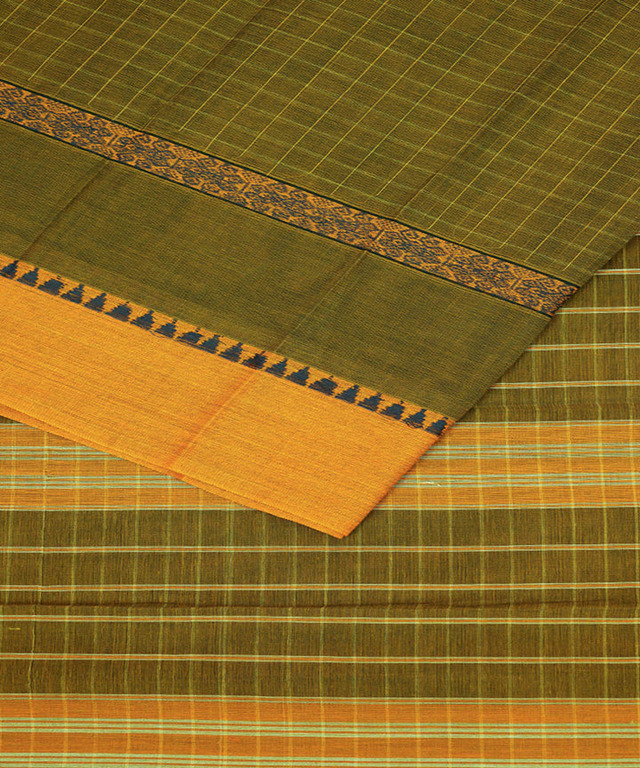 Olive green yellow cotton handwoven narayanapet saree