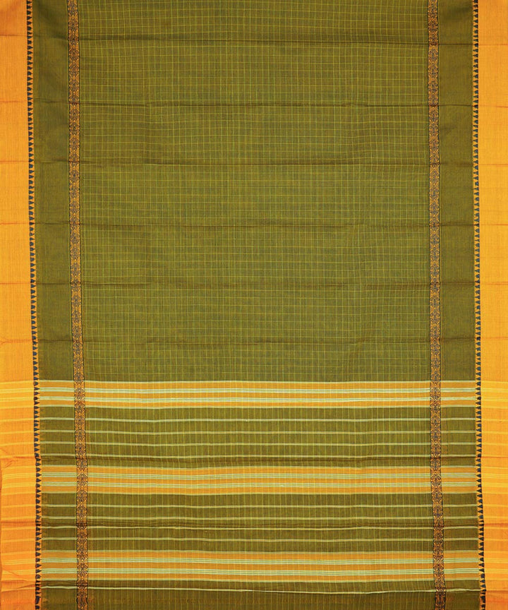 Olive green yellow cotton handwoven narayanapet saree