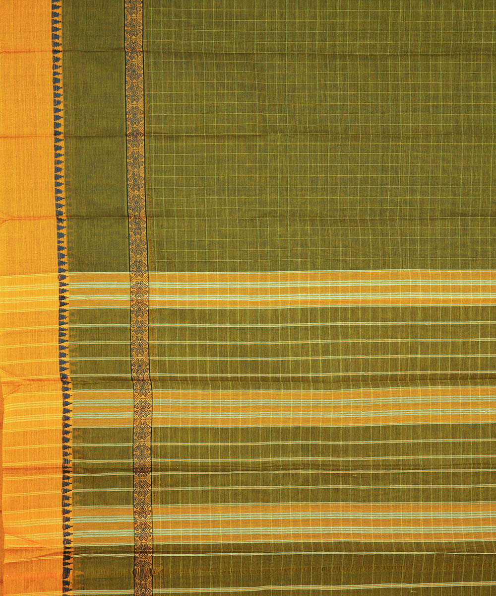 Olive green yellow cotton handwoven narayanapet saree