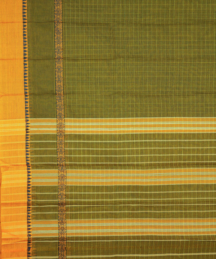 Olive green yellow cotton handwoven narayanapet saree