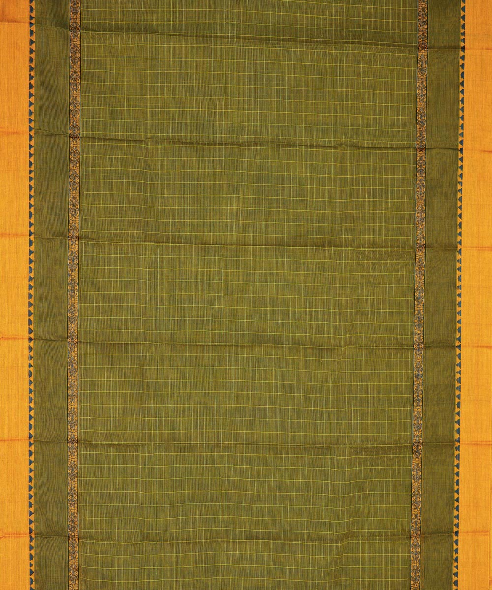 Olive green yellow cotton handwoven narayanapet saree