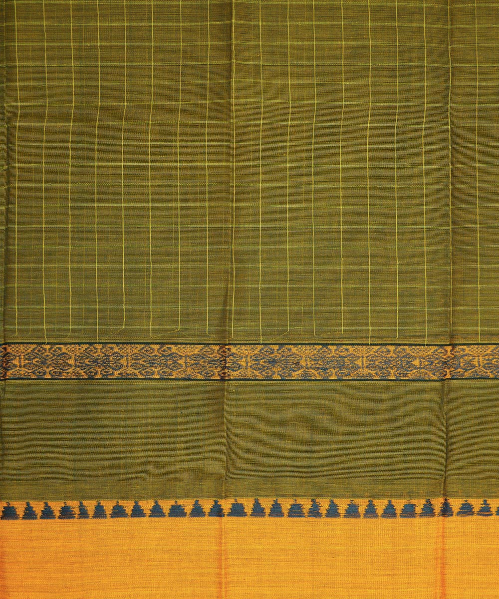 Olive green yellow cotton handwoven narayanapet saree