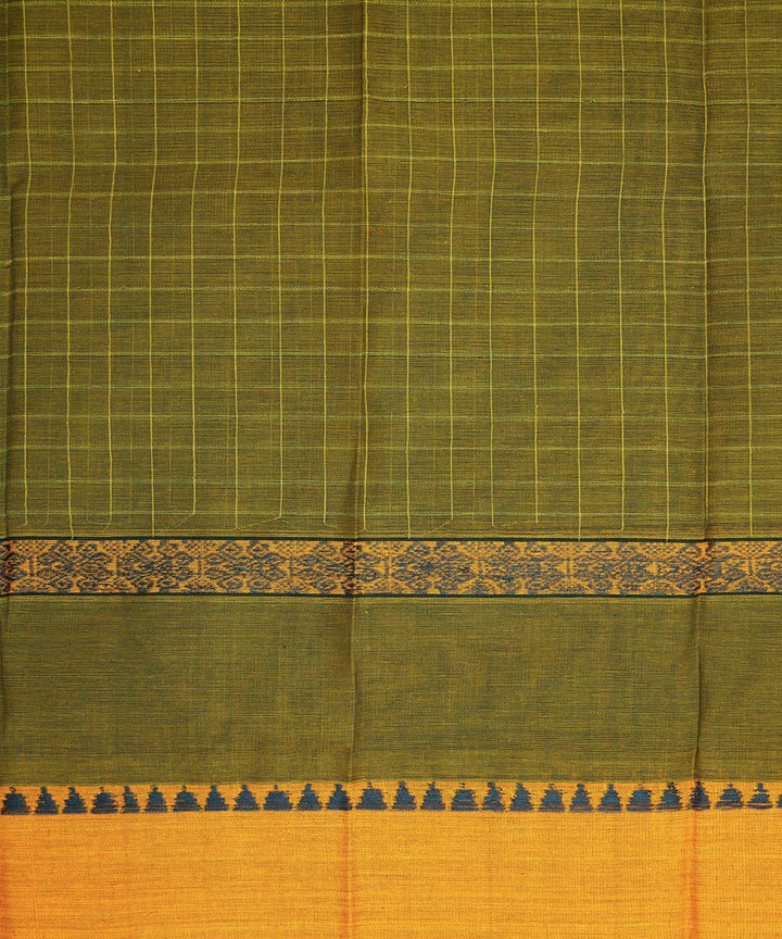 Olive green yellow cotton handwoven narayanapet saree