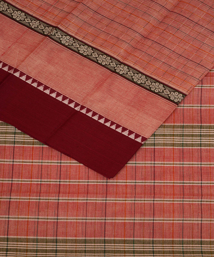 Peach maroon cotton handwoven narayanapet saree