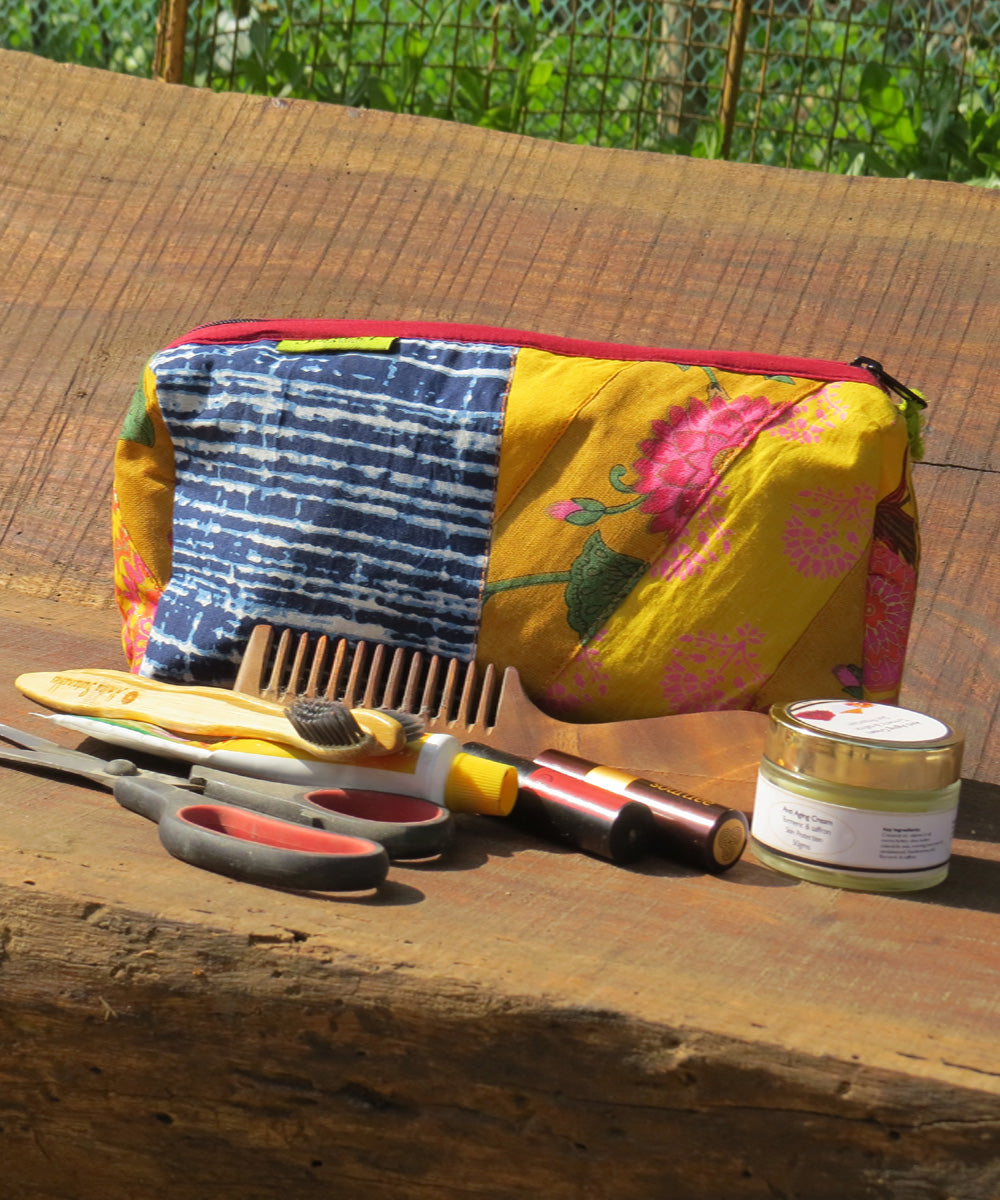 Yellow blue handcrafted cotton toiletry pouch