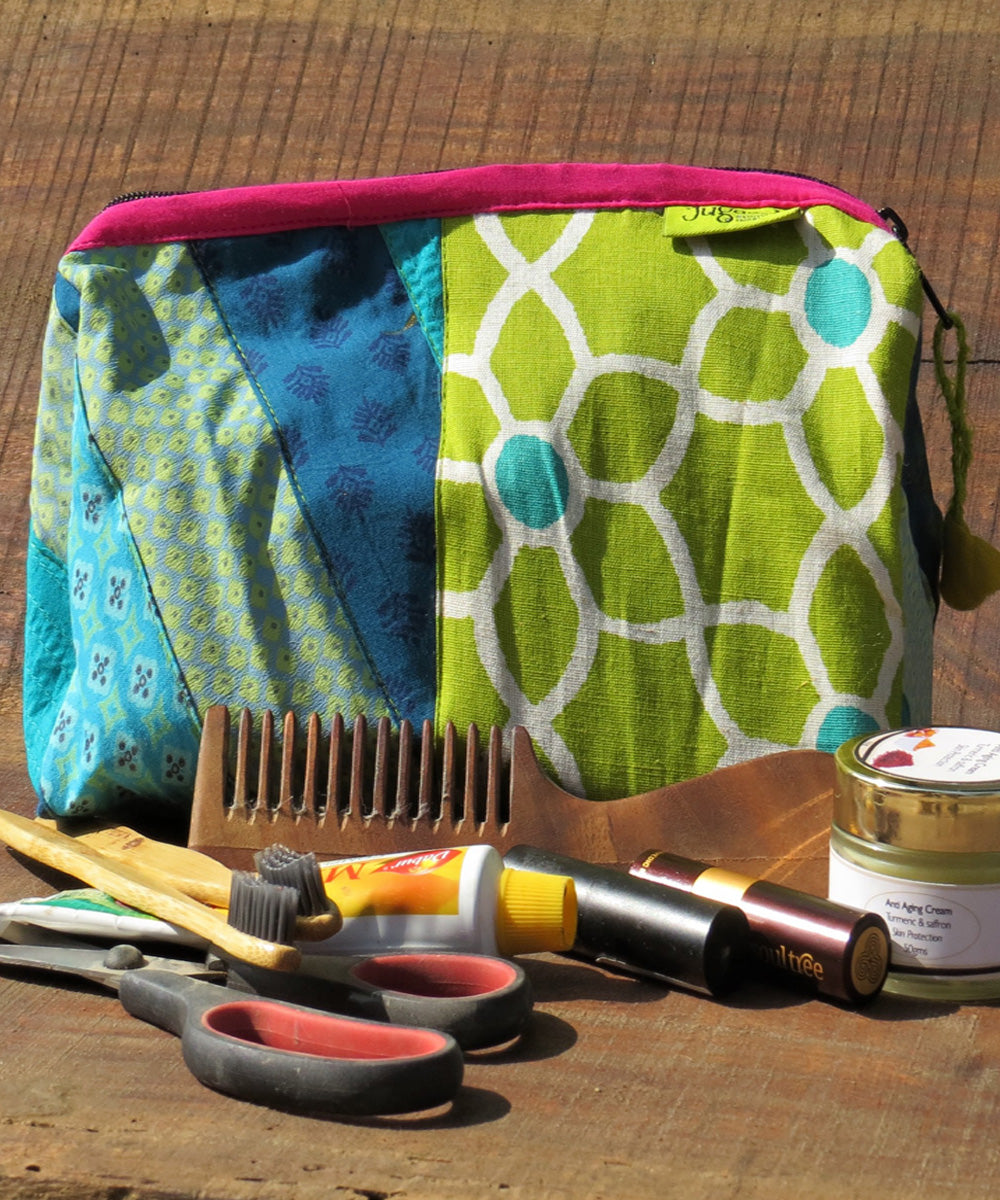Green blue handcrafted cotton toiletry pouch
