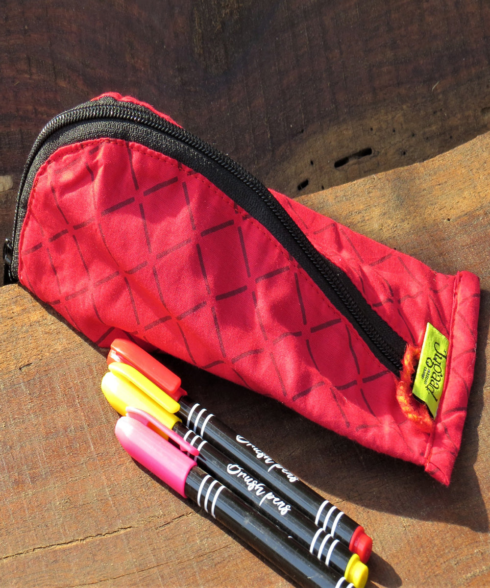 Red handcrafted cotton pencil pouch