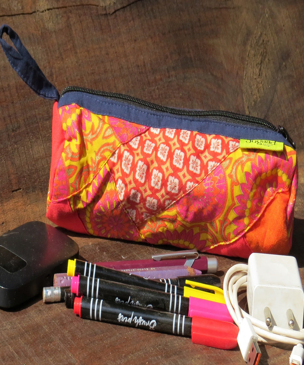 Red and yellow Handcrafted cotton pencil pouch