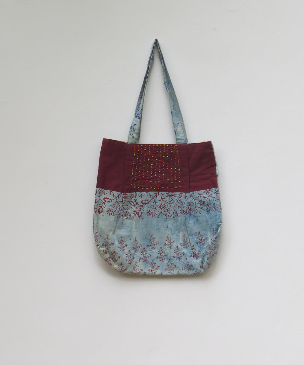 Maroon sky blue handcrafted vegetable dye cotton bag