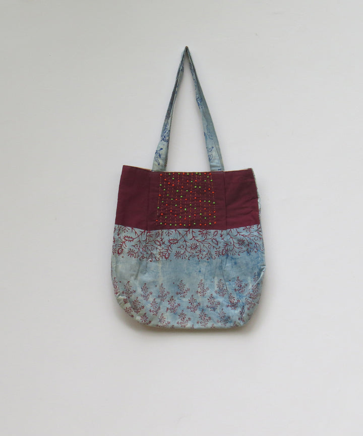 Maroon sky blue handcrafted vegetable dye cotton bag