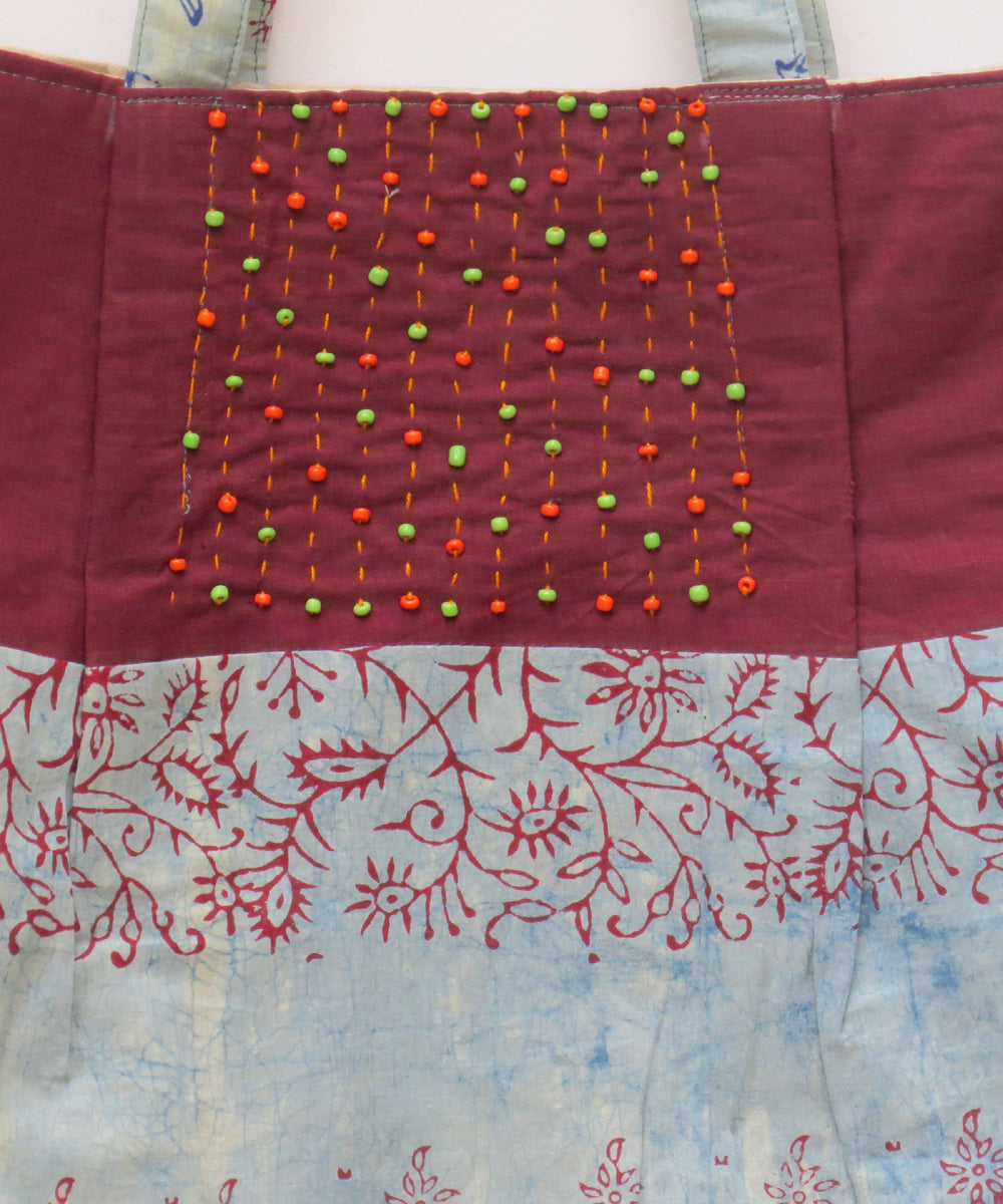 Maroon sky blue handcrafted vegetable dye cotton bag