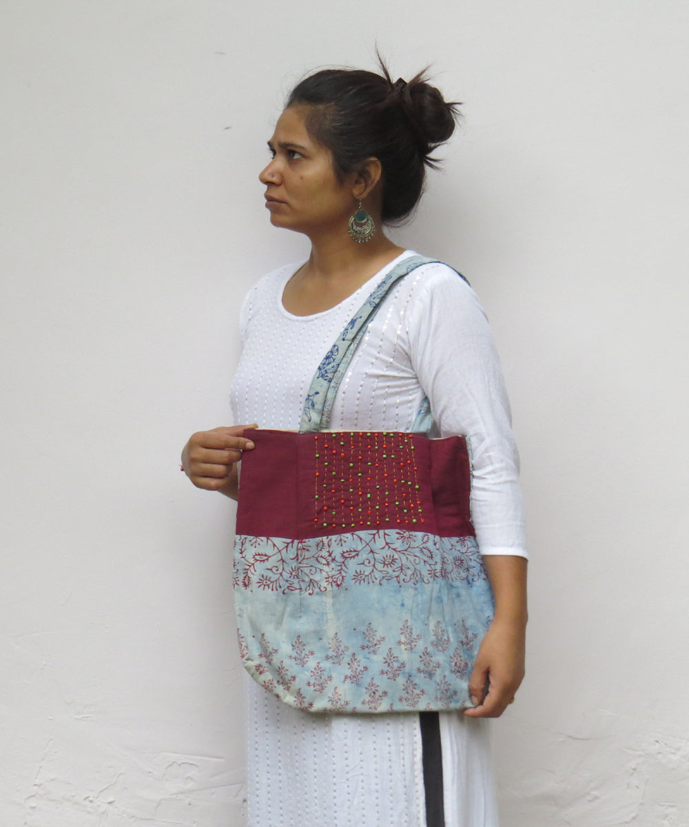 Maroon sky blue handcrafted vegetable dye cotton bag