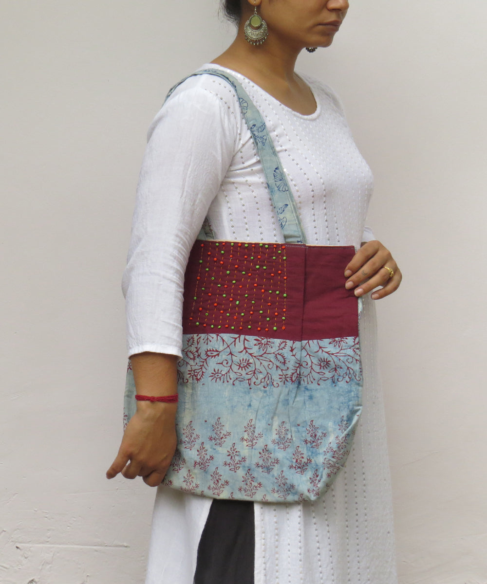 Maroon sky blue handcrafted vegetable dye cotton bag