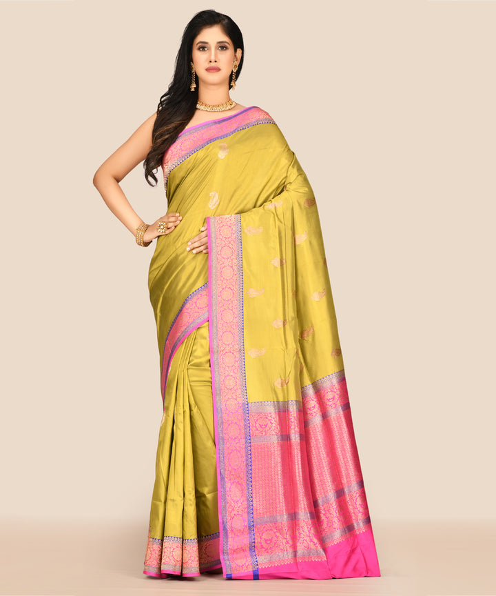 Lime green handwoven banarasi silk saree
