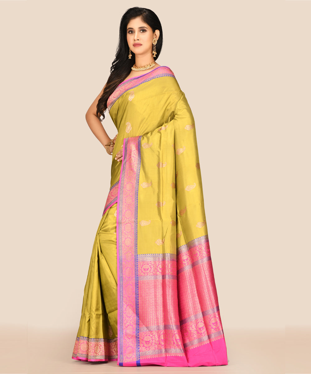 Lime green handwoven banarasi silk saree