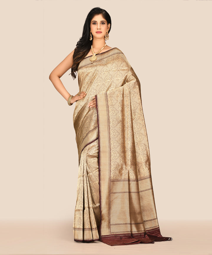 Gold with brown handwoven banarasi silk saree