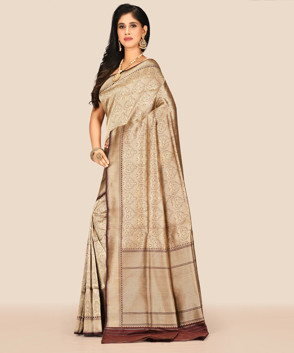 Gold with brown handwoven banarasi silk saree