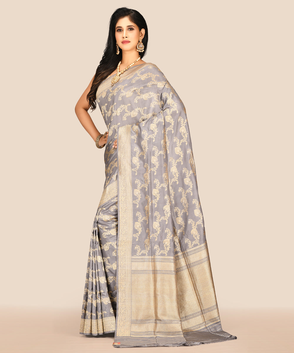 Light grey handwoven banarasi silk saree