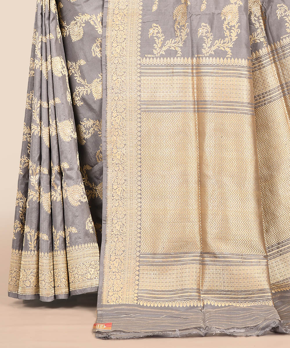 Light grey handwoven banarasi silk saree