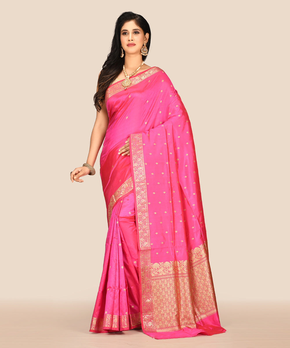 Bright pink handwoven banarasi silk saree
