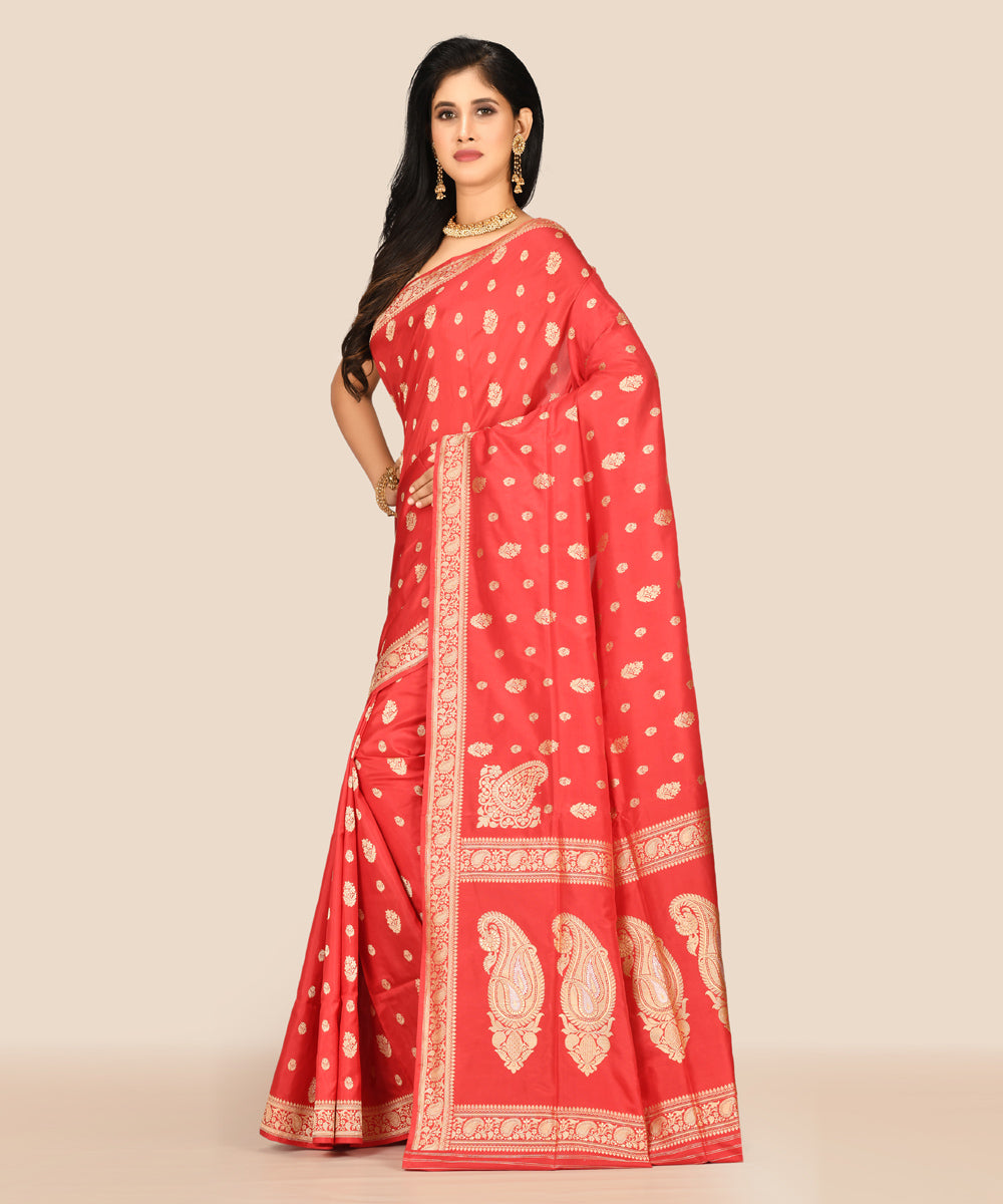 Brick red handwoven banarasi silk saree