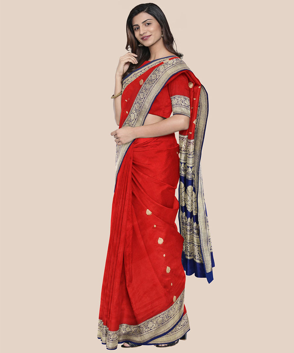 Red blue handloom banarasi silk saree