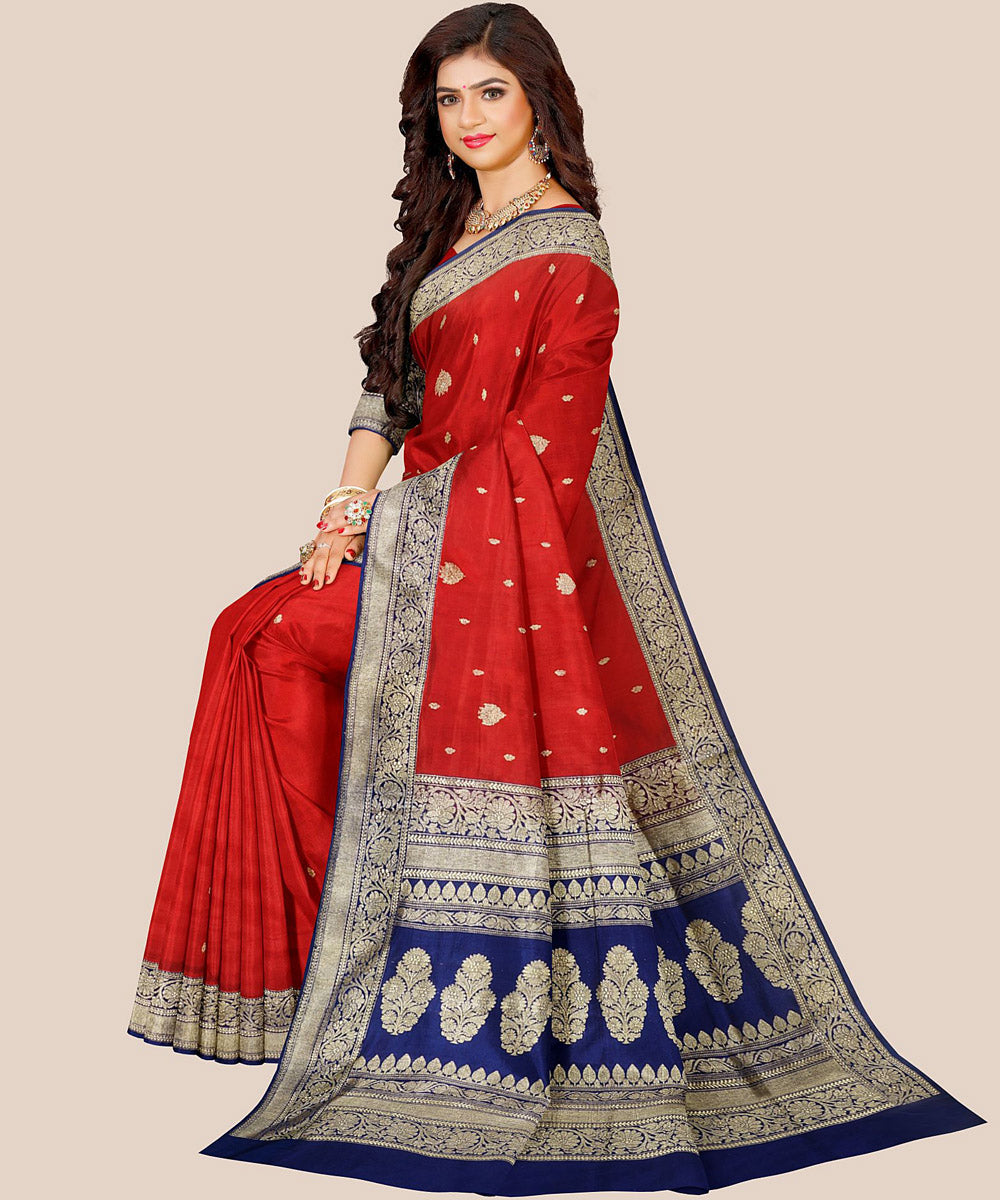 Red blue handloom banarasi silk saree