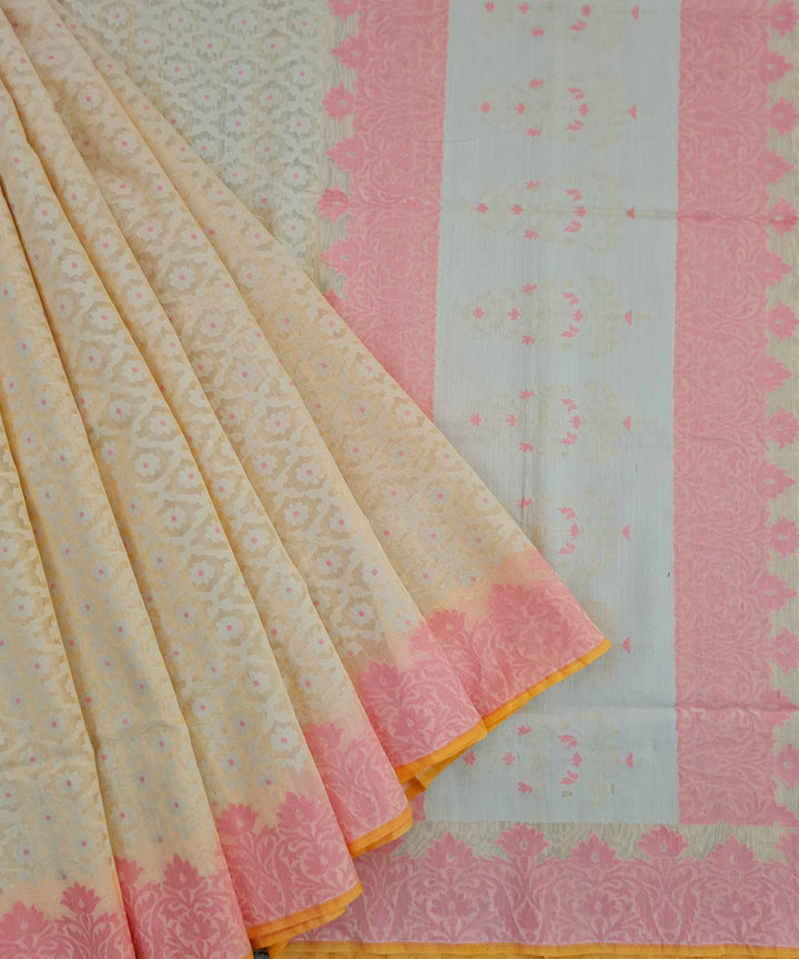 Light orange pink handwoven cotton silk banarasi saree