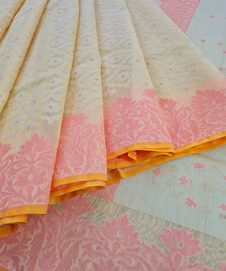 Light orange pink handwoven cotton silk banarasi saree