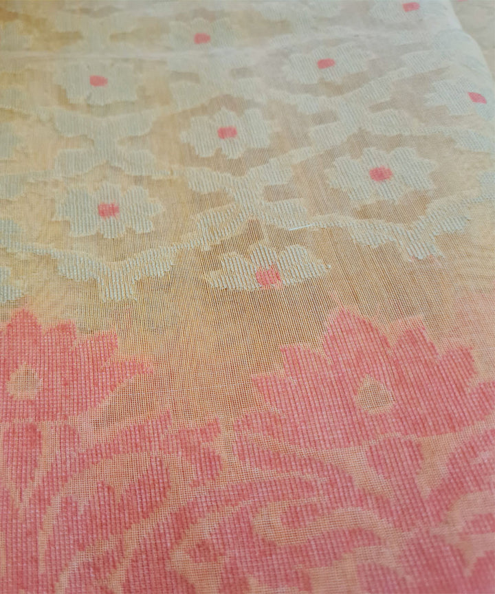 Light orange pink handwoven cotton silk banarasi saree
